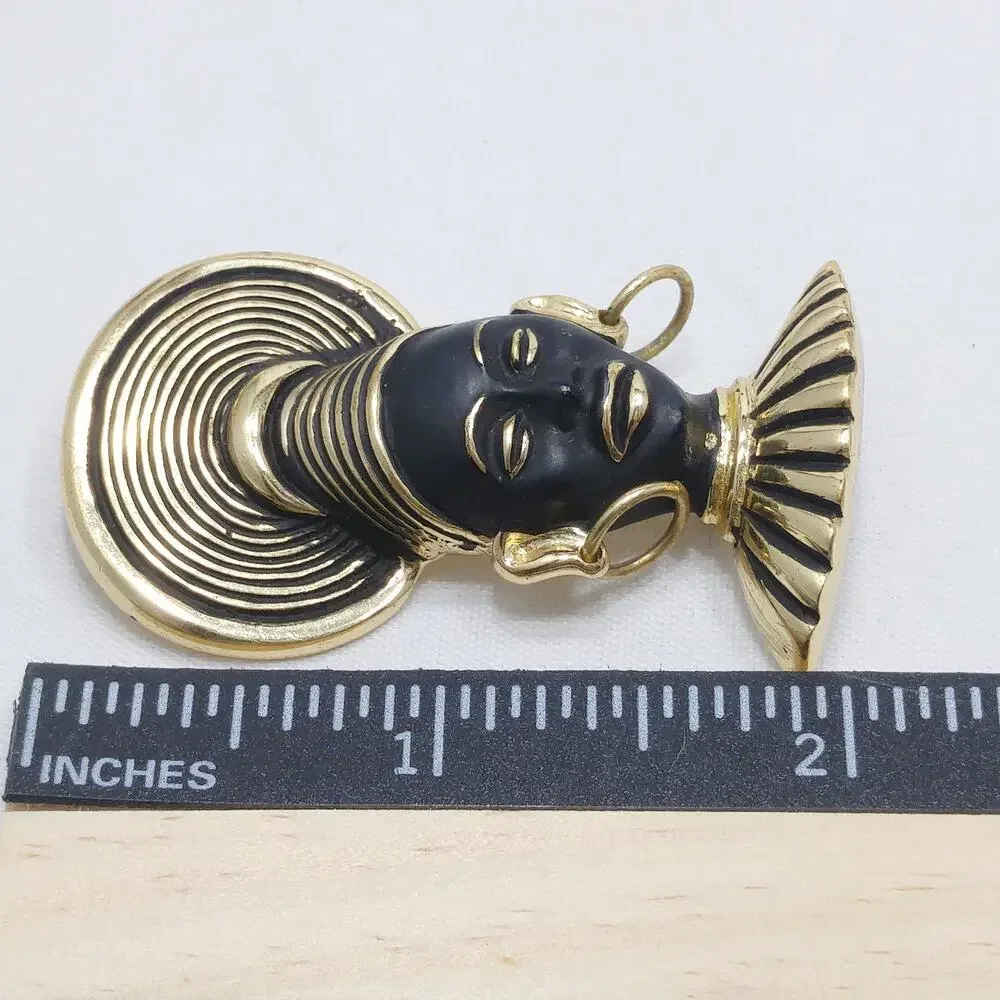Vintage Art Deco Tribal Queen Black Enamel Gold Tone Brooch - Picture 6 of 10